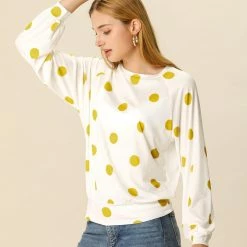 Allegra K Women's Loose Casual Polka Dot Long Sleeve Top
