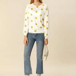 Allegra K Women's Loose Casual Polka Dot Long Sleeve Top