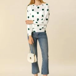 Allegra K Women's Loose Casual Polka Dot Long Sleeve Top