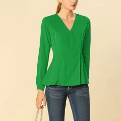 Allegra K V Neck Long Sleeves Button Closure Peplum Blouse