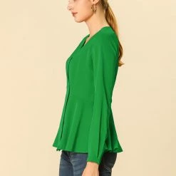 Allegra K V Neck Long Sleeves Button Closure Peplum Blouse