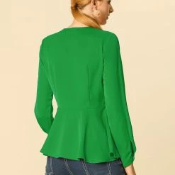 Allegra K V Neck Long Sleeves Button Closure Peplum Blouse