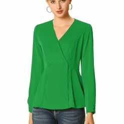 Allegra K V Neck Long Sleeves Button Closure Peplum Blouse