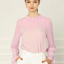 Allegra K Women's Chiffon Insert Long Sleeve Elegant Ruffled Trim Blouse Tops 36 Allegra K Women's Chiffon Insert Long Sleeve Elegant Ruffled Trim Blouse Tops
