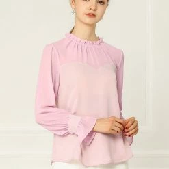 Allegra K Women's Chiffon Insert Long Sleeve Elegant Ruffled Trim Blouse Tops 37 Allegra K Women's Chiffon Insert Long Sleeve Elegant Ruffled Trim Blouse Tops