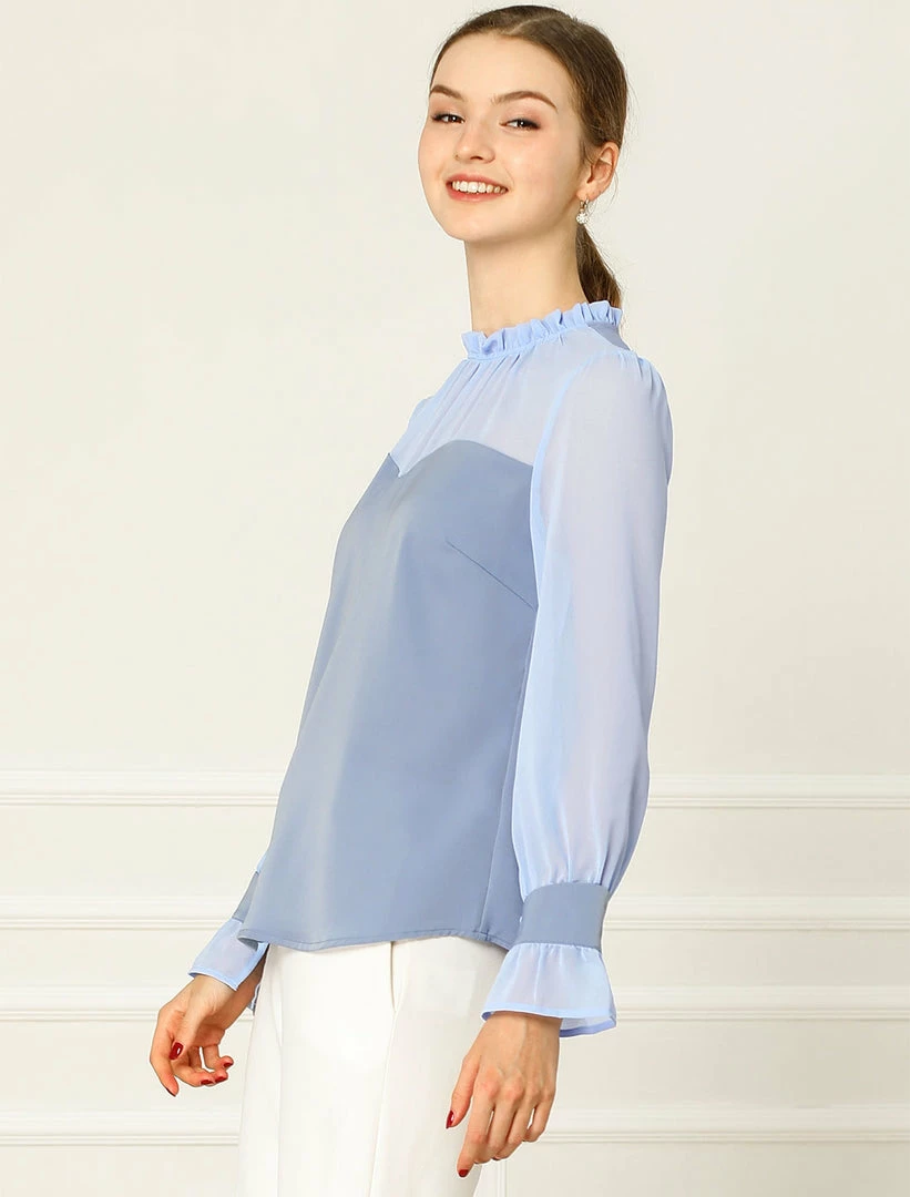 Allegra K Women's Chiffon Insert Long Sleeve Elegant Ruffled Trim Blouse Tops 7 Allegra K Women's Chiffon Insert Long Sleeve Elegant Ruffled Trim Blouse Tops