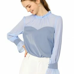 Allegra K Women's Chiffon Insert Long Sleeve Elegant Ruffled Trim Blouse Tops 28 Allegra K Women's Chiffon Insert Long Sleeve Elegant Ruffled Trim Blouse Tops