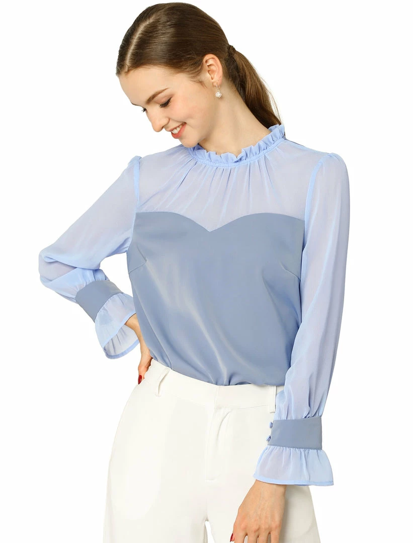 Allegra K Women's Chiffon Insert Long Sleeve Elegant Ruffled Trim Blouse Tops 4 Allegra K Women's Chiffon Insert Long Sleeve Elegant Ruffled Trim Blouse Tops