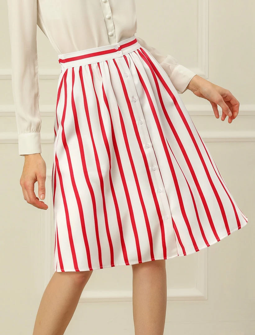 Allegra K Women's Stripes Button Front Elastic Back A Line Midi Skirt 40 Allegra K Women's Stripes Button Front Elastic Back A Line Midi Skirt