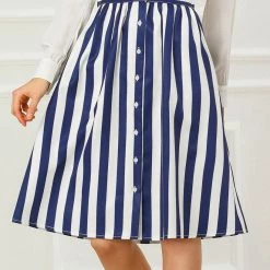 Allegra K Women's Stripes Button Front Elastic Back A Line Midi Skirt 95 Allegra K Women's Stripes Button Front Elastic Back A Line Midi Skirt
