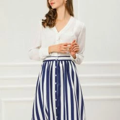 Allegra K Women's Stripes Button Front Elastic Back A Line Midi Skirt 96 Allegra K Women's Stripes Button Front Elastic Back A Line Midi Skirt
