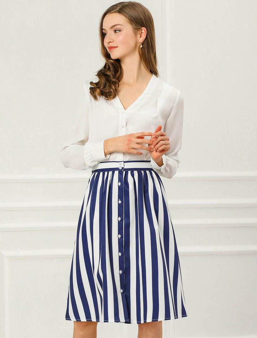 Allegra K Women's Stripes Button Front Elastic Back A Line Midi Skirt 35 Allegra K Women's Stripes Button Front Elastic Back A Line Midi Skirt