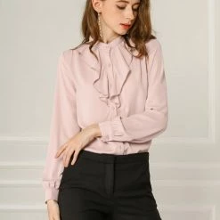 Allegra K Women's Chiffon Work Office Stand Collar Button Up Long Sleeve Shirts Blouse
