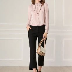 Allegra K Women's Chiffon Work Office Stand Collar Button Up Long Sleeve Shirts Blouse