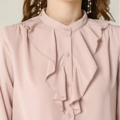 Allegra K Women's Chiffon Work Office Stand Collar Button Up Long Sleeve Shirts Blouse