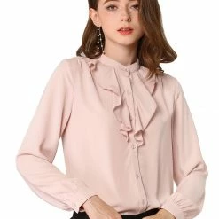 Allegra K Women's Chiffon Work Office Stand Collar Button Up Long Sleeve Shirts Blouse