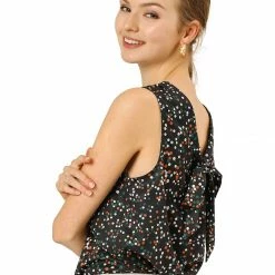 Allegra K Women's Sleeveless Bow Back Polka Dots Top