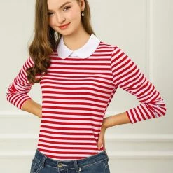 Allegra K Women's Long Sleeve Peter Pan Striped Top Clothing