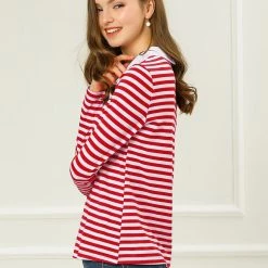 Allegra K Women's Long Sleeve Peter Pan Striped Top Clothing