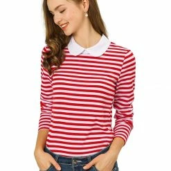Allegra K Women's Long Sleeve Peter Pan Striped Top Clothing