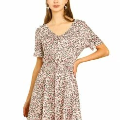 Allegra K Women's Ruffles V Neck Belted Short Sleeve Floral Prints Dress
