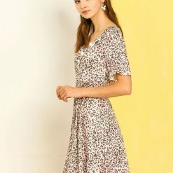 Allegra K Women's Ruffles V Neck Belted Short Sleeve Floral Prints Dress