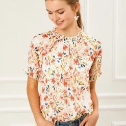 Allegra K Women's Floral Ruffled Short Sleeve Tops Ruffle Neck Casual Blouses 81 Allegra K Women's Floral Ruffled Short Sleeve Tops Ruffle Neck Casual Blouses