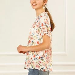 Allegra K Women's Floral Ruffled Short Sleeve Tops Ruffle Neck Casual Blouses 83 Allegra K Women's Floral Ruffled Short Sleeve Tops Ruffle Neck Casual Blouses
