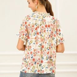 Allegra K Women's Floral Ruffled Short Sleeve Tops Ruffle Neck Casual Blouses 84 Allegra K Women's Floral Ruffled Short Sleeve Tops Ruffle Neck Casual Blouses