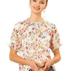 Allegra K Women's Floral Ruffled Short Sleeve Tops Ruffle Neck Casual Blouses 80 Allegra K Women's Floral Ruffled Short Sleeve Tops Ruffle Neck Casual Blouses