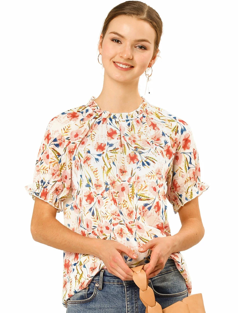 Allegra K Women's Floral Ruffled Short Sleeve Tops Ruffle Neck Casual Blouses 39 Allegra K Women's Floral Ruffled Short Sleeve Tops Ruffle Neck Casual Blouses