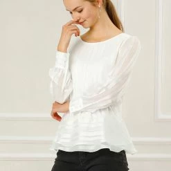 Allegra K Women's Peplum Tops Satin Long Sleeve Ruffled Boat Neck Blouses