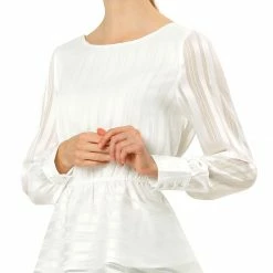 Allegra K Women's Peplum Tops Satin Long Sleeve Ruffled Boat Neck Blouses