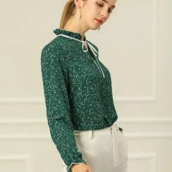 Allegra K Women's Tie Ruffle Neck Blouse Vintage Bell Long Sleeves Top