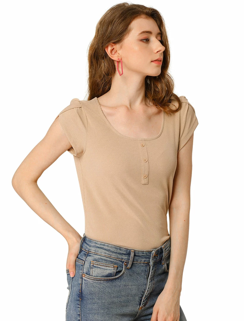 Allegra K Women's Scoop Neck Short Tulip Sleeves Ribbed Blouse Top 5 Allegra K Women's Scoop Neck Short Tulip Sleeves Ribbed Blouse Top