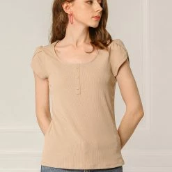 Allegra K Women's Scoop Neck Short Tulip Sleeves Ribbed Blouse Top 18 Allegra K Women's Scoop Neck Short Tulip Sleeves Ribbed Blouse Top
