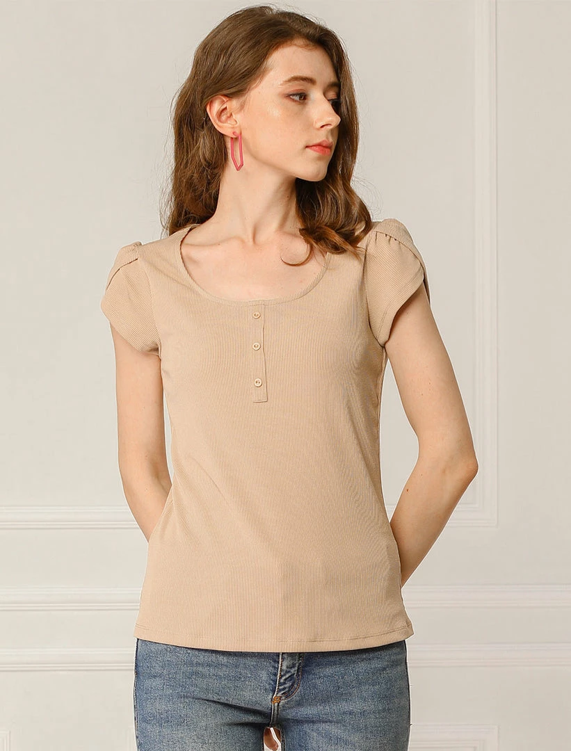 Allegra K Women's Scoop Neck Short Tulip Sleeves Ribbed Blouse Top 6 Allegra K Women's Scoop Neck Short Tulip Sleeves Ribbed Blouse Top