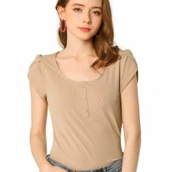 Allegra K Women's Scoop Neck Short Tulip Sleeves Ribbed Blouse Top