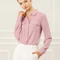 Allegra K Women's Office Casual Long Sleeve Button Up Collared Shirt