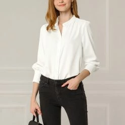 Allegra K Women's Work Office Stand Collar Button Down Long Sleeve Shirts Blouse 39 Allegra K Women's Work Office Stand Collar Button Down Long Sleeve Shirts Blouse