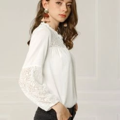 Allegra K Women's Lace Floral V Neck Long Puff Sleeve Blouse