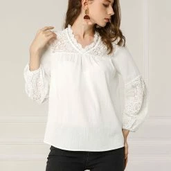 Allegra K Women's Lace Floral V Neck Long Puff Sleeve Blouse