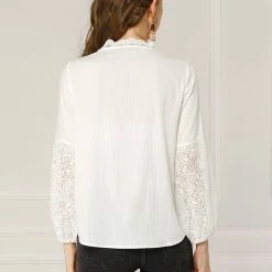 Allegra K Women's Lace Floral V Neck Long Puff Sleeve Blouse