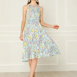 Allegra K Women's Floral Halter Smocked Waist Sleeveless A-Line Dress