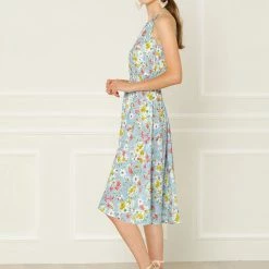 Allegra K Women's Floral Halter Smocked Waist Sleeveless A-Line Dress