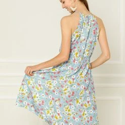 Allegra K Women's Floral Halter Smocked Waist Sleeveless A-Line Dress