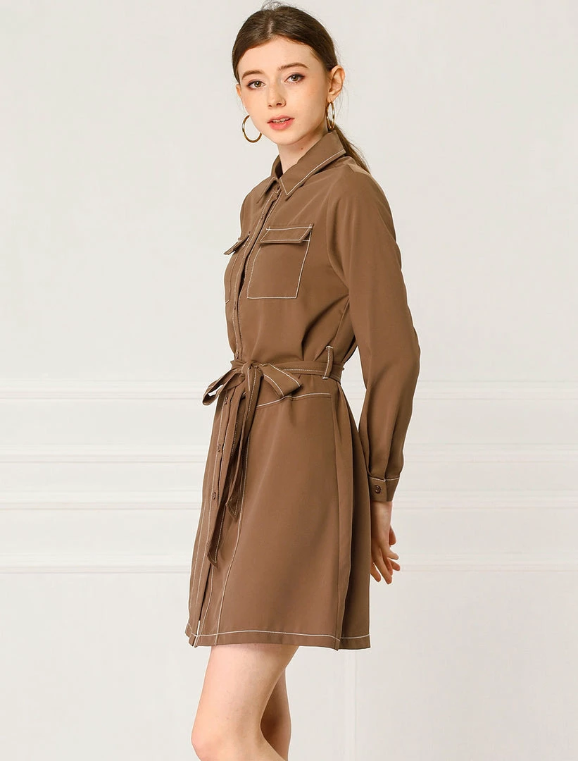 Allegra K Contrast Stitch Button Up Belted Long Sleeves Shirt Dress 11 Allegra K Contrast Stitch Button Up Belted Long Sleeves Shirt Dress