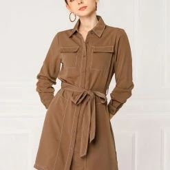 Allegra K Contrast Stitch Button Up Belted Long Sleeves Shirt Dress 36 Allegra K Contrast Stitch Button Up Belted Long Sleeves Shirt Dress