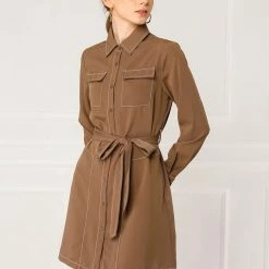 Allegra K Contrast Stitch Button Up Belted Long Sleeves Shirt Dress 37 Allegra K Contrast Stitch Button Up Belted Long Sleeves Shirt Dress