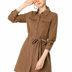Allegra K Contrast Stitch Button Up Belted Long Sleeves Shirt Dress 34 Allegra K Contrast Stitch Button Up Belted Long Sleeves Shirt Dress